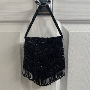 Vintage handmade Black Beaded Fringe Evening Bag - For Ganson of California